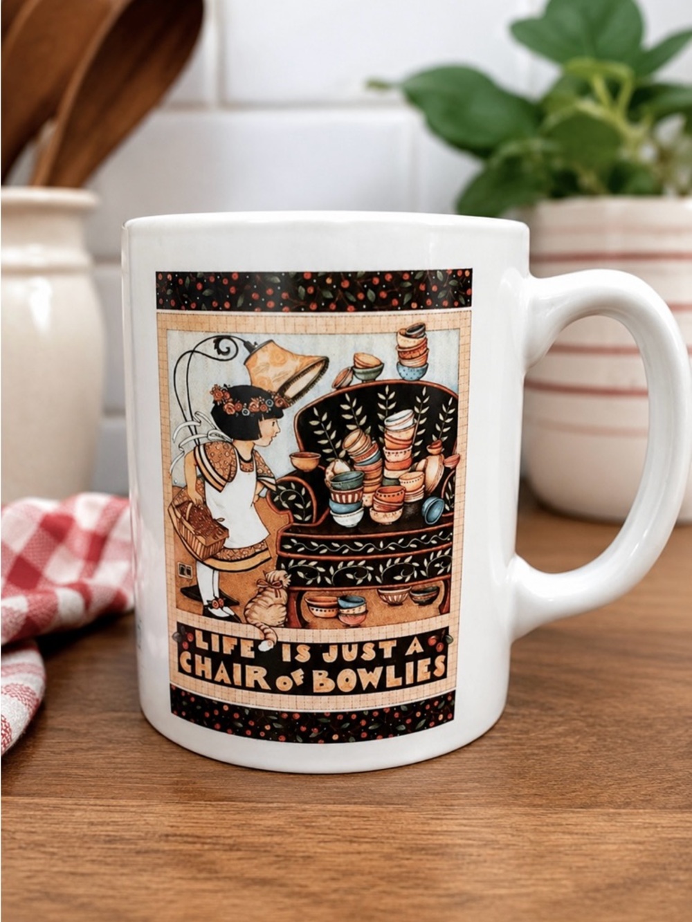 Vintage Mary Engelbreit Mug Chair of Bowlies Coffee Cup 1990s ME Ink